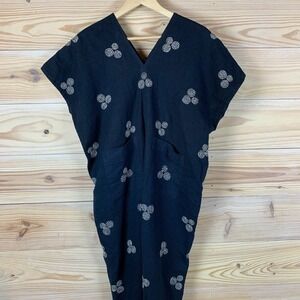 Pleasant Simple Tunic Dress Linen Midi V Neck Embroidered Navy Lagenlook Boho‎